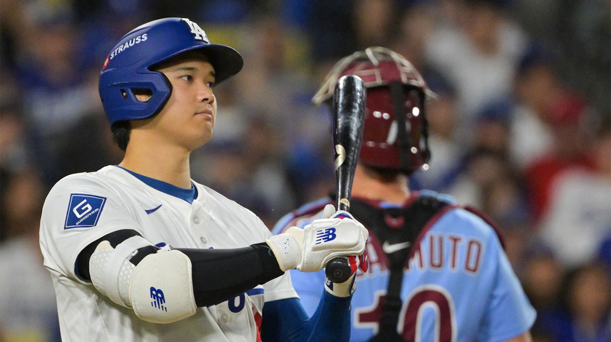 Los Angeles Dodgers two-way player Shohei Ohtani (17) reacts after flying out during the seventh inning against the Philadelphia Phillies during game three of the NLDS round for the 2025 MLB playoffs at Dodger Stadium.
