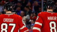 Team Canada defenseman Cale Makar (8) and forward Sydney Crosby (87) during the 4 Nations Face-Off ice hockey championship game against the United States at TD Garden.
