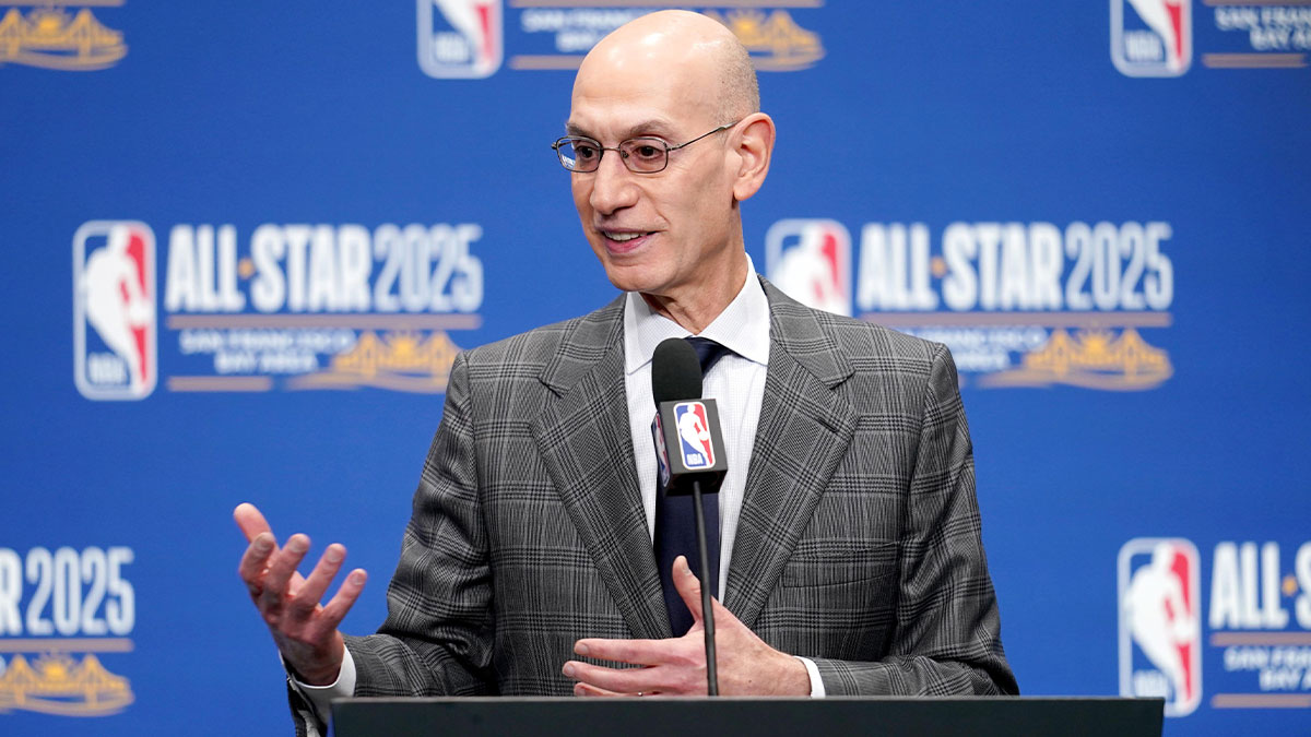 NBA commissioner Adam Silver speaks in a press conference during All Star Saturday Night ahead of the 2025 NBA All Star Game at Chase Center