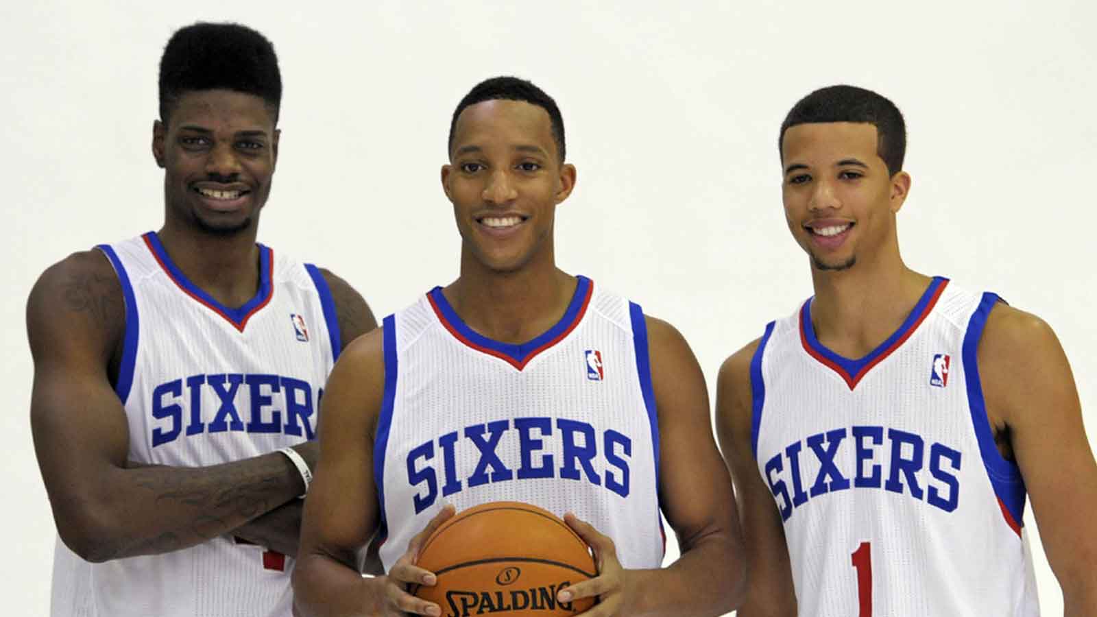 Philadelphia 76ers center Nerlens Noel (4), small forward Evan Turner (12) and point guard Michael Carter-Williams (1) during a media day photo shoot at Philadelphia College of Osteopathic Medicine.