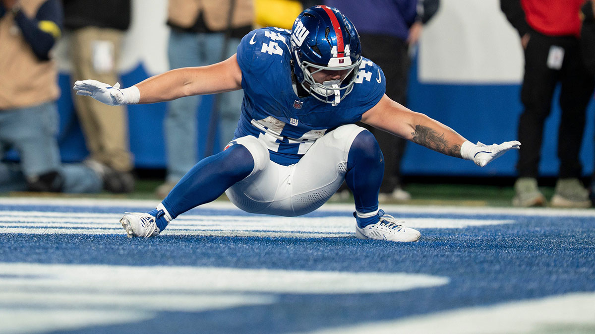 New York Giants running back Cam Skattebo (44) celebrates after scoring a touchdown during a Thursday Night Football game between the New York Giants and the Philadelphia Eagles at MetLife Stadium in East Rutherford on Oct. 9, 2025.