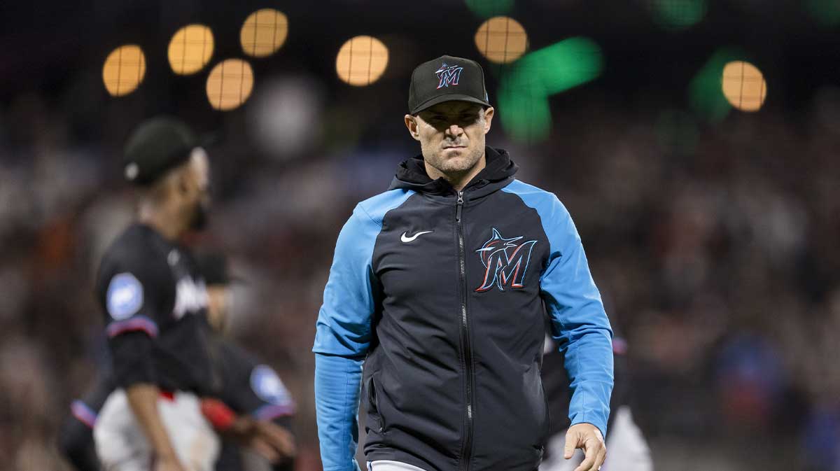 Miami Marlins manager Skip Schumaker (45) walks off the field after a pitching change during the eighth inning against the San Francisco Giants at Oracle Park.