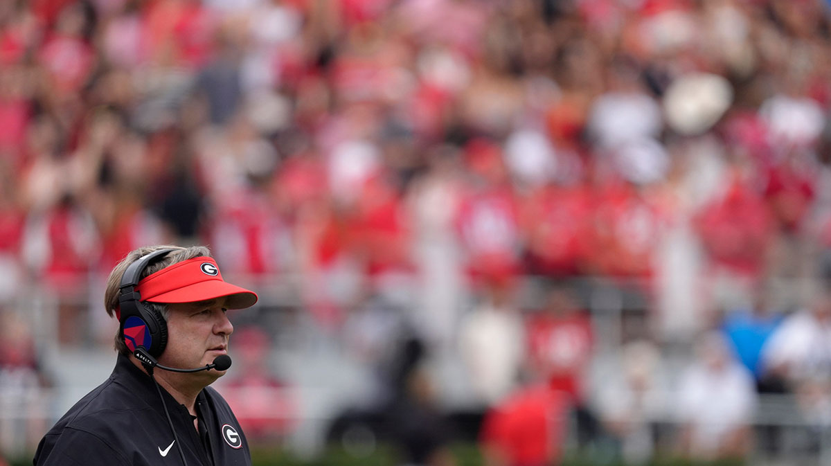 Georgia coach Kirby Smart looks on from the sideline during the first half of a NCAA college football game against Kentucky in Athens, Ga., on Saturday, October 4, 2025.