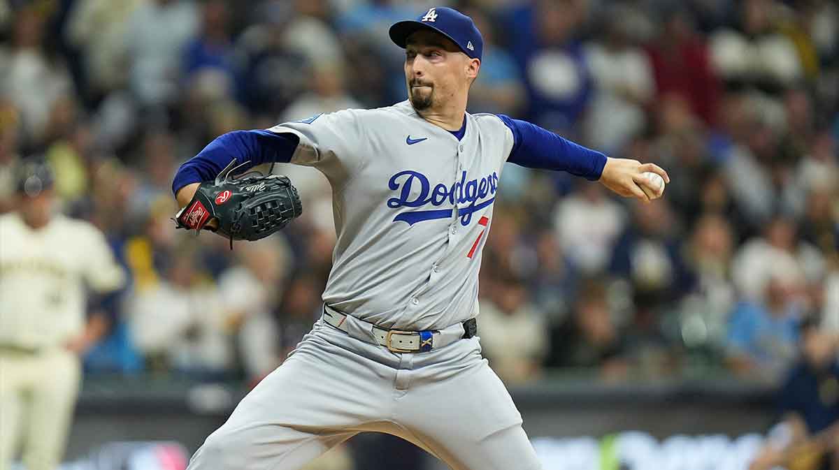 Los Angeles Dodgers starting pitcher Blake Snell (7) pitches during the first inning of the of their National League Championship Series game against the Milwaukee Brewers October 13, 2025 at American Family Field in Milwaukee, Wisconsin.