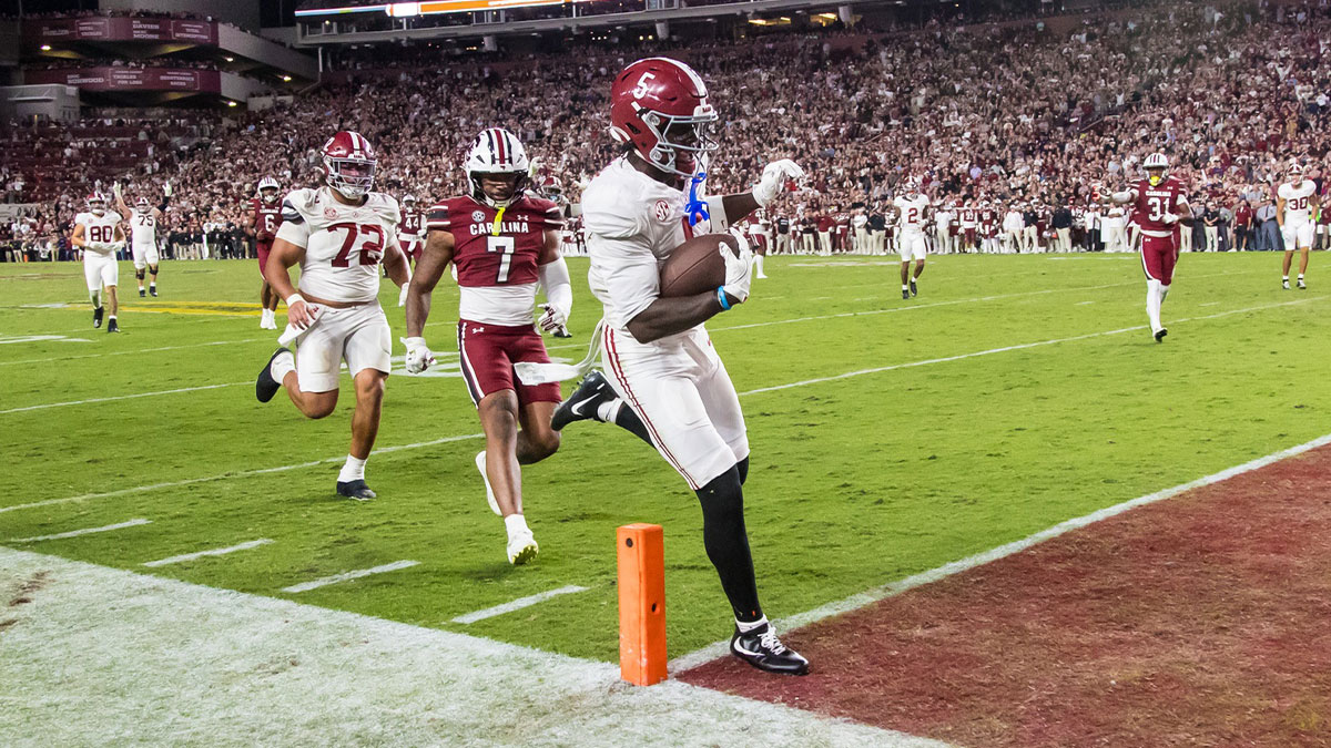 Alabama Crimson Tide wide receiver Germie Bernard (5) scores the game-winning touchdown against the South Carolina Gamecocks in the fourth quarter at Williams-Brice Stadium.