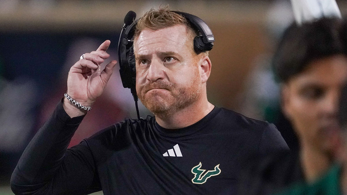 South Florida Bulls head coach Alex Golesh looks on from the sidelines against the North Texas Mean Green during the first half of a game at DATCU Stadium