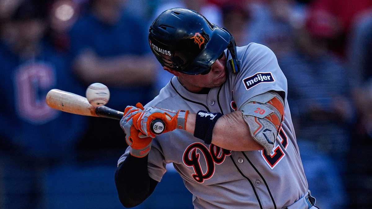 Detroit Tigers first base Spencer Torkelson (20) is it by pitch during the ninth inning of Game 2 of AL wild-card series at Progressive Field in Cleveland, Ohio on Wednesday, Oct. 1, 2025.