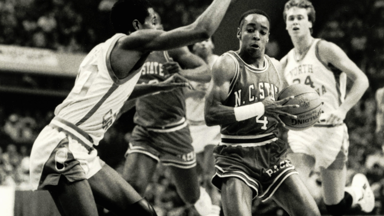 FILE PHOTO; North Carolina State Wolfpack guard Spud Webb (4) in action against the North Carolina Tar Heels.