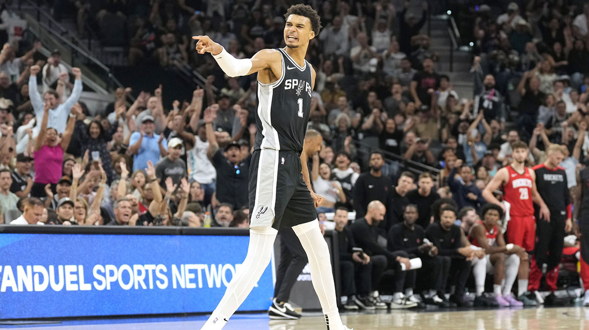 San Antonio Spurs center Victor Wembanyama (1) reacts during the second half against the Houston Rockets at Frost Bank Center.