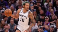 San Antonio Spurs forward Jeremy Sochan (10) pushes the ball up the court during the fourth quarter of the game against the Sacramento Kings at Golden 1 Center.