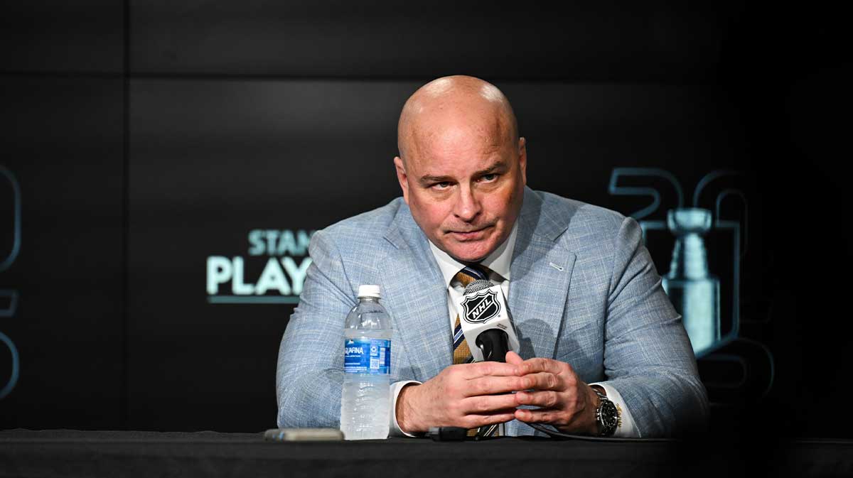 St. Louis Blues head coach Jim Montgomery speaks to the media following game six of the first round of the 2025 Stanley Cup Playoffs against the Winnipeg Jets at Enterprise Center.