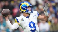 Los Angeles Rams quarterback Matthew Stafford (9) passes the ball against the Jacksonville Jaguars during the first half of an NFL International Series game at Wembley Stadium.