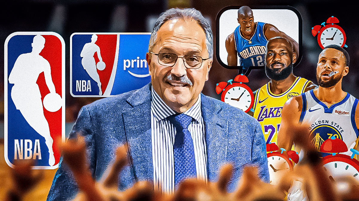 Stan Van Gundy with NBA on Amazon logo, LeBron James, Stephen Curry
