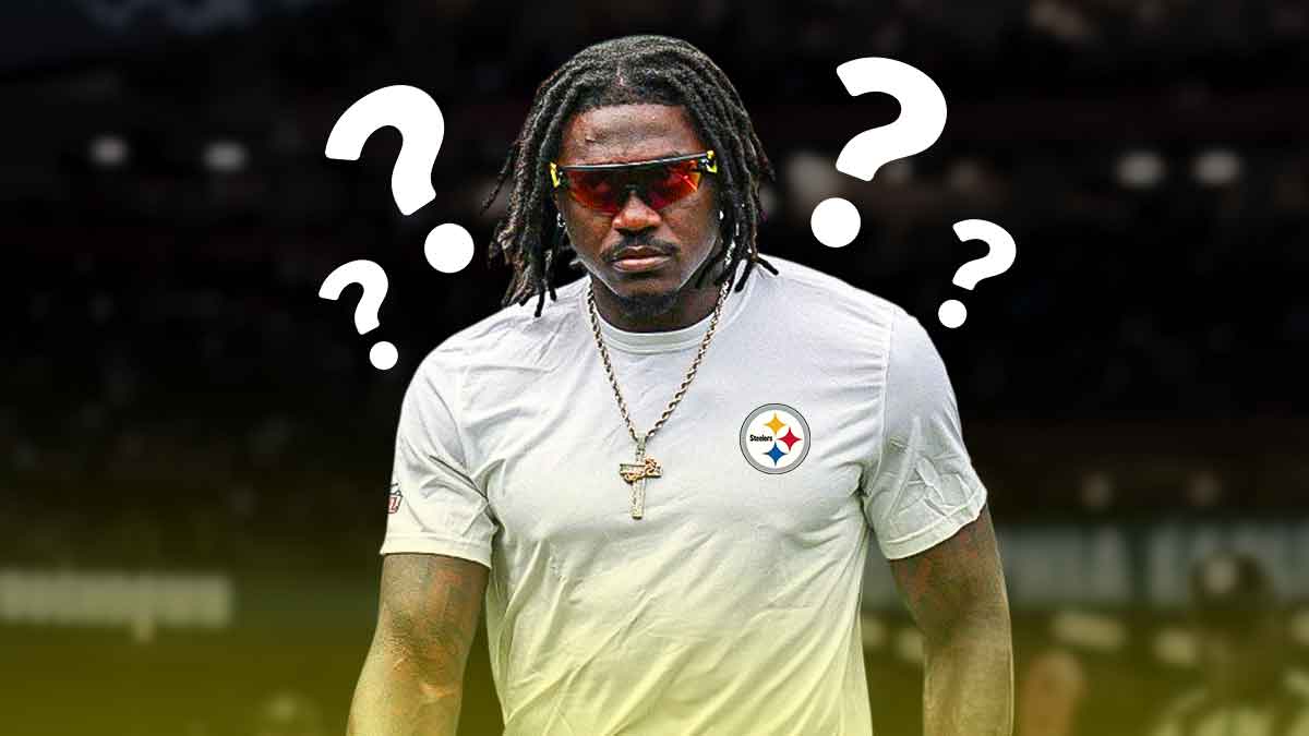 AJ Brown in a Pittsburgh Steelers uniform, Question marks all around him, Dark clouds in the background