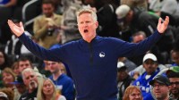 Golden State Warriors head coach Steve Kerr reacts in the 3rd quarter against the Milwaukee Bucks at Fiserv Forum.