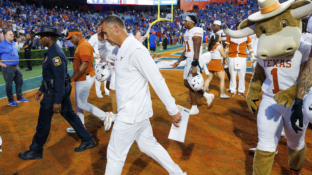 Texas Longhorns head coach Steve Sarkisian walks off the field after a game against the Florida Gators at Ben Hill Griffin Stadium.