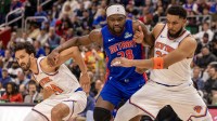 Detroit Pistons center Isaiah Stewart (28) battles for position New York Knicks forward Precious Achiuwa (5) and guard Landry Shamet (44) during the second half at Little Caesars Arena