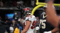 Tampa Bay Buccaneers linebacker Anthony Nelson (98) reacts after a touchdown during the first quarter against the New Orleans Saints at Caesars Superdome.