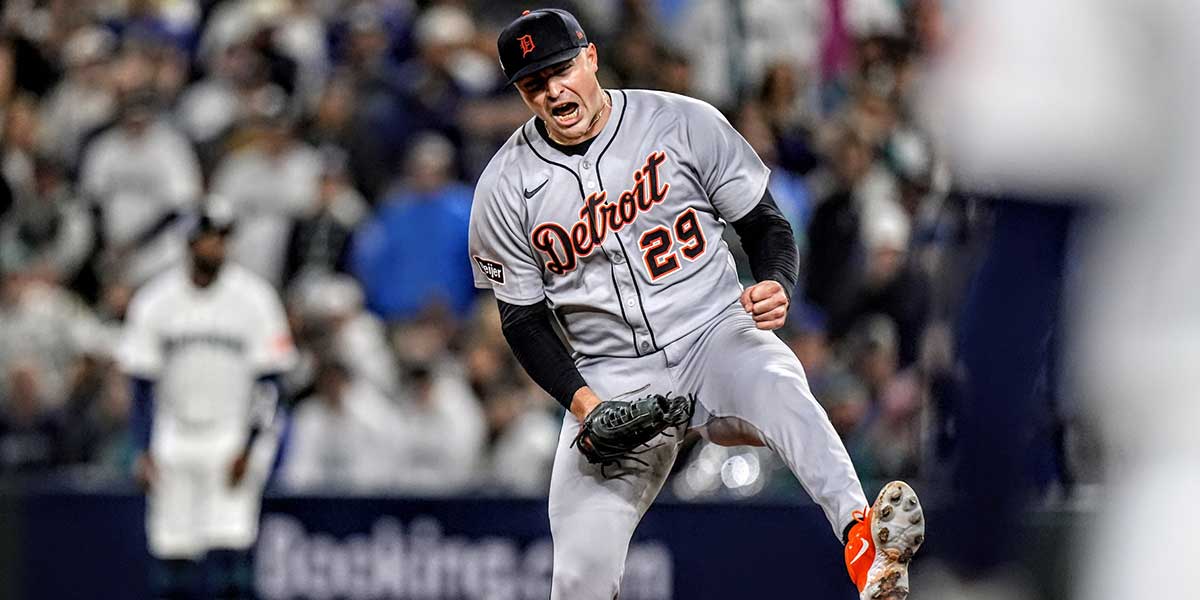 Tigers pitcher Tarik Skubal celebrates striking out Mariners catcher Cal Raleigh I the sixth inning of ALDS Game 5 at T-Mobile Park in Seattle on Friday, Oct. 10, 2025