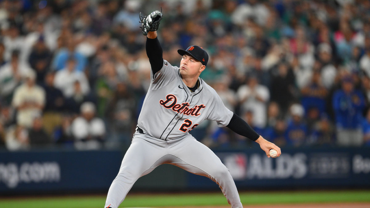 Detroit Tigers starting pitcher Tarik Skubal (29) throws against the Seattle Mariners during the first inning during game five of the ALDS round for the 2025 MLB playoffs at T-Mobile Park.