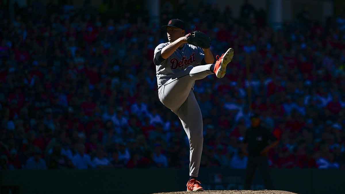 Detroit Tigers pitcher Tarik Skubal (29) delivers against the Cleveland Guardians in the seventh inning during game one of the Wildcard round for the 2025 MLB playoffs at Progressive Field. 