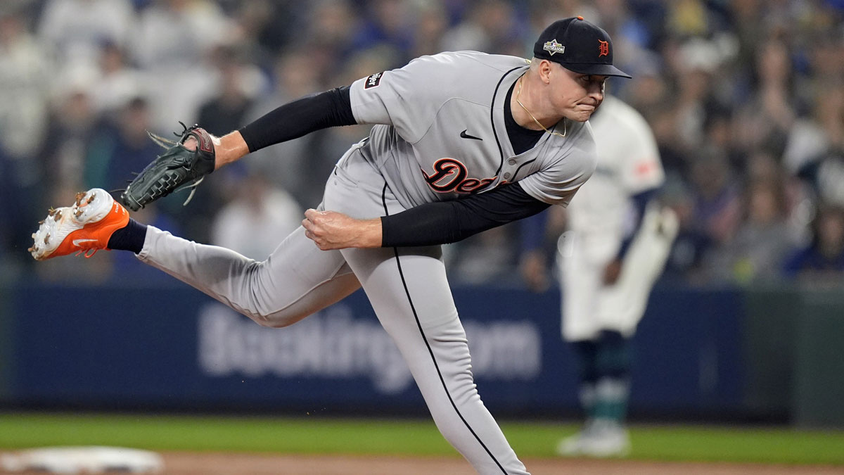 igers pitcher Tarik Skubal throws against Mariners during the first inning of ALDS Game 5 at T-Mobile Park i