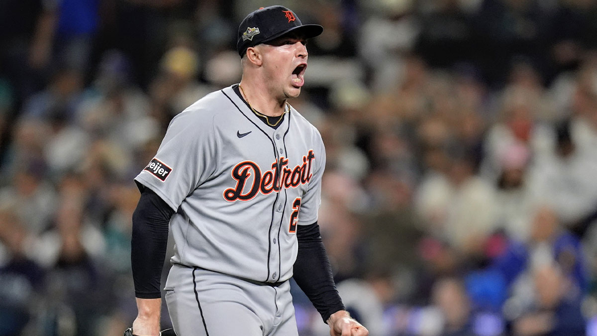 Tigers pitcher Tarik Skubal celebrates striking out Mariners catcher Cal Raleigh I the sixth inning of ALDS Game 5 at T-Mobile Park in Seattle on Friday, Oct. 10, 2025