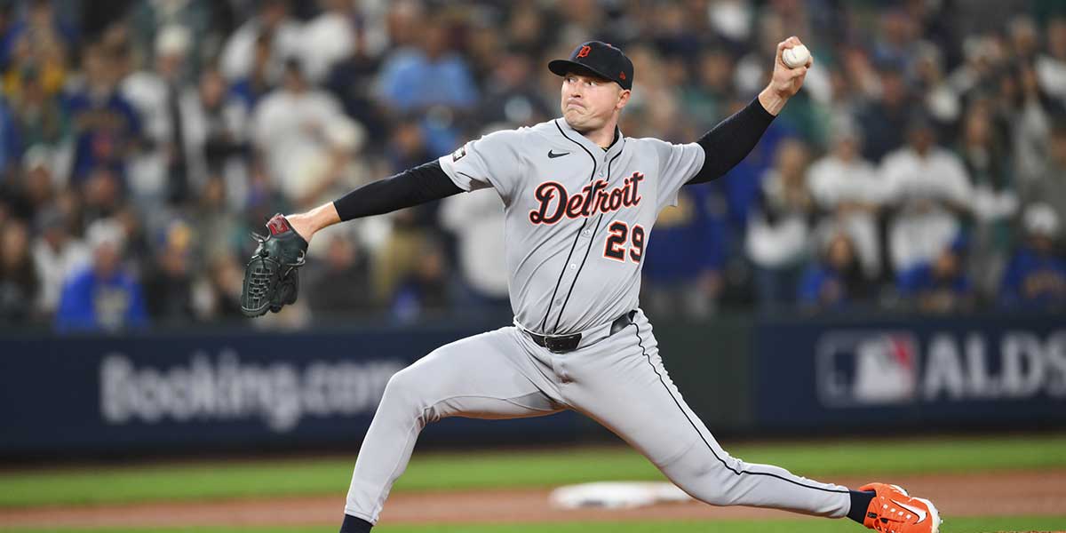 Detroit Tigers starting pitcher Tarik Skubal (29) throws against the Seattle Mariners during the third inning during game five of the ALDS round for the 2025 MLB playoffs at T-Mobile Park.
