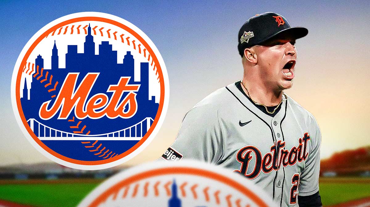 Tarik Skubal next to Mets logo