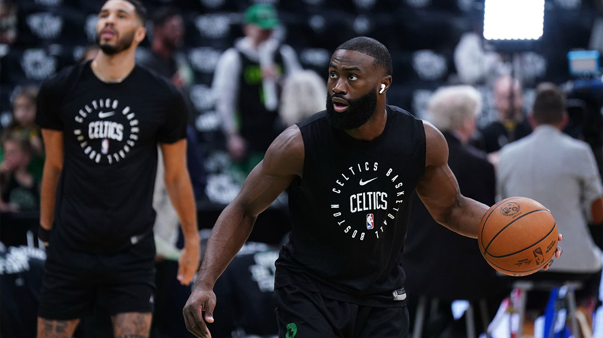 Boston Celtics guard Jaylen Brown (7) and forward Jayson Tatum (0) warm up before the start of game one of the second round for the 2025 NBA Playoffs against the New York Knicks at TD Garden.