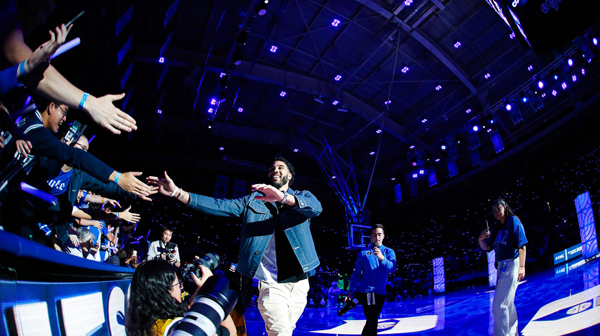 NBA Boston Celtics Player helps coach alongside Duke Blue Devils head coach Jon Scheyer during the Countdown to Craziness at the Cameron Indoor Stadium.