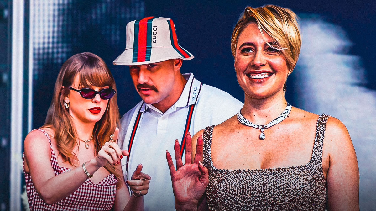 Taylor Swift and Travis Kelce next to Greta Gerwig with Eras Tour stage background.