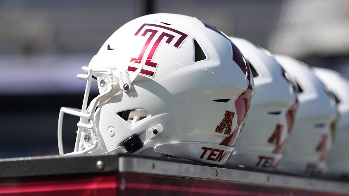 A view of Temple Owls helmets before the game against the Oklahoma Sooners at Lincoln Financial Field.