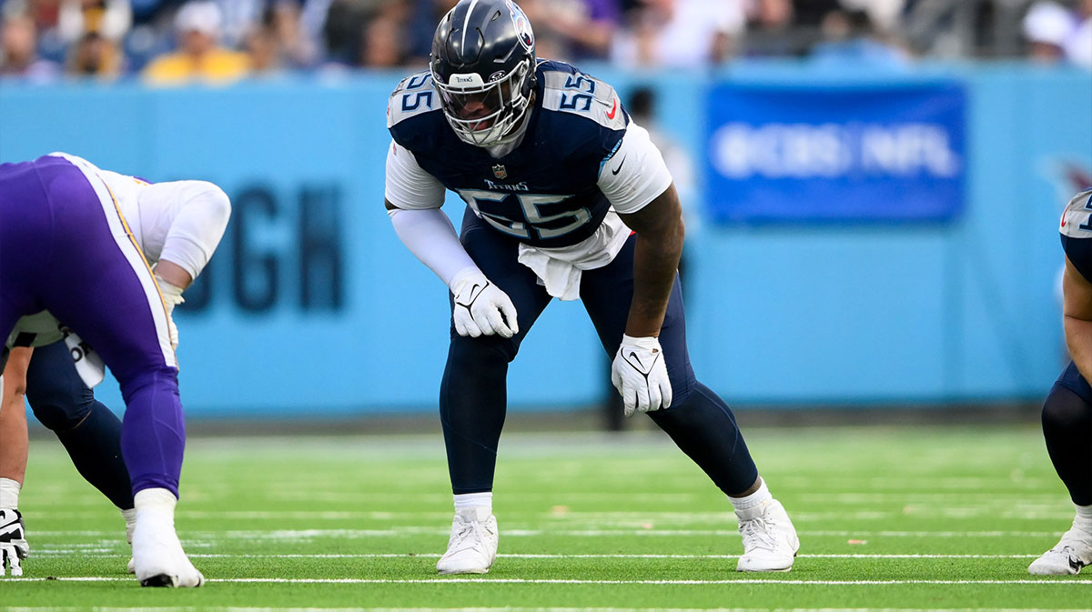 Tennessee Titans offensive tackle JC Latham (55) in his stance against the Minnesota Vikings during the second half at Nissan Stadium.