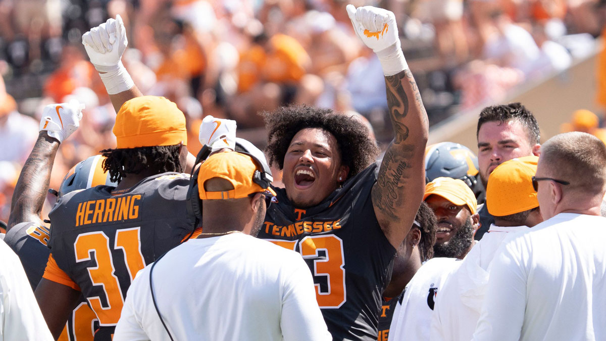 Tennessee defensive lineman Daevin Hobbs (53) cheers during a game between Tennessee and Chattanooga,