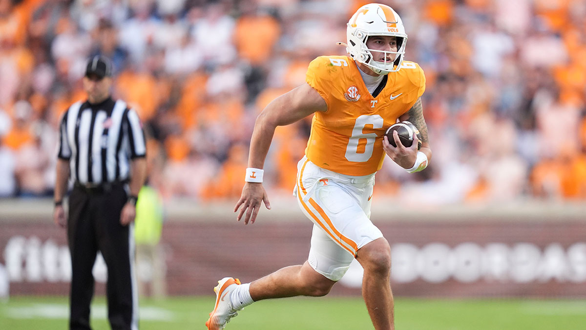 Tennessee quarterback Joey Aguilar (6) runs the ball during a college football game between Tennessee and Arkansas at Neyland Stadium in Knoxville, Tennessee on Oct. 11, 2025.