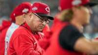 Cincinnati Reds manager Terry Francona stands in the dugout in the fourth inning of the MLB National League Wild Card Game 2 between the Los Angeles Dodgers and the Cincinnati Reds at Dodger Stadium in Los Angeles on Wednesday, Oct. 1, 2025. The Reds were eliminated from the postseason with an 8-4 loss to the reining World Series Champions La Dodgers