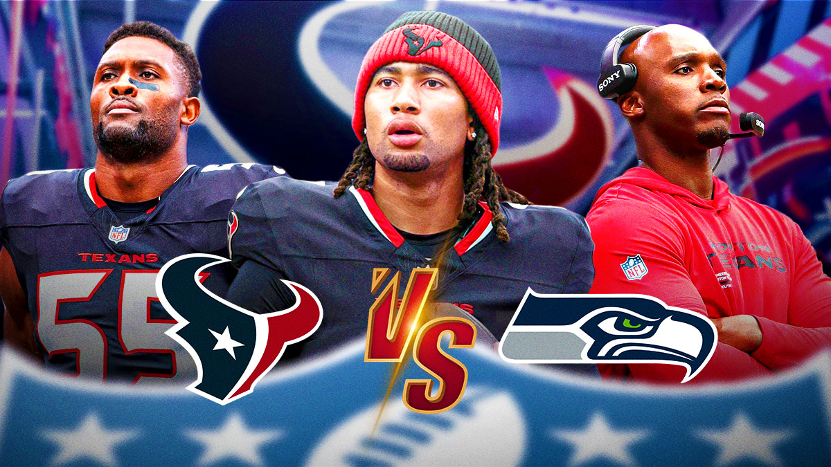 quarterback- C.J. Stroud middle Danielle Hunter in left DeMeco Ryans on right logos of Texans vs Seahawks in middle