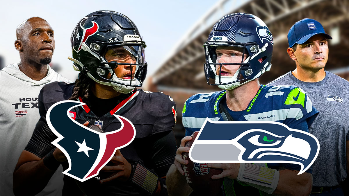 CJ Stroud, DeMeco Ryans and Texans logo on one side. Sam Darnold, Mike Macdonald and Seahawks logo on the other. Lumen Field in the background
