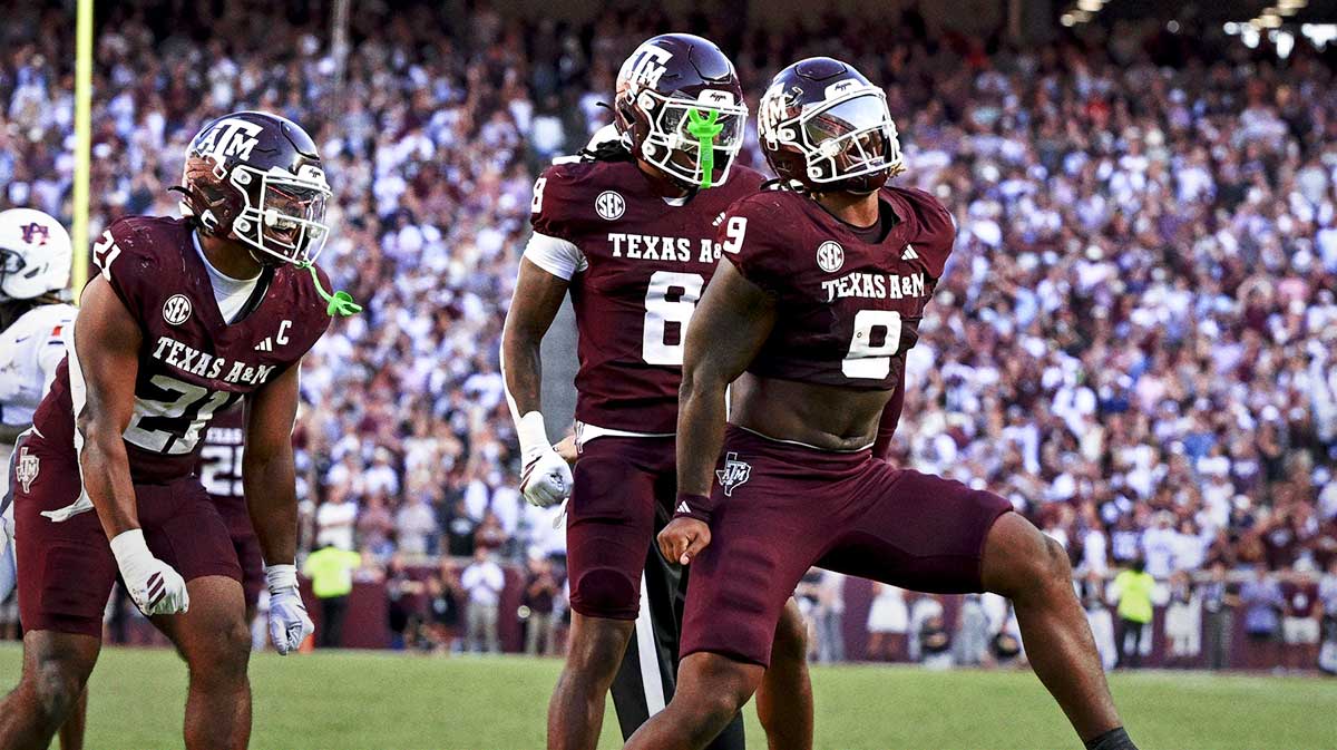 Texas A&M Aggies defensive end Cashius Howell (9) reacts after sacking Auburn Tigers quarterback Jackson Arnold (not pictured) during the fourth quarter at Kyle Field.