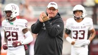 Texas A&M Aggies head coach Mike Elko prior to the game against the Arkansas Razorbacks at Donald W. Reynolds Razorback Stadium.