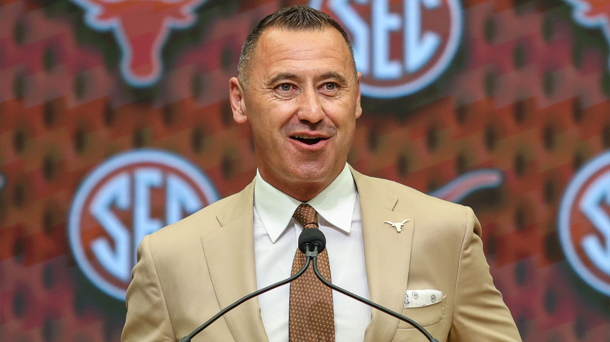 Texas Longhorns head coach Steve Sarkisan talks to the media during SEC Media Days at Omni Atlanta Hotel.