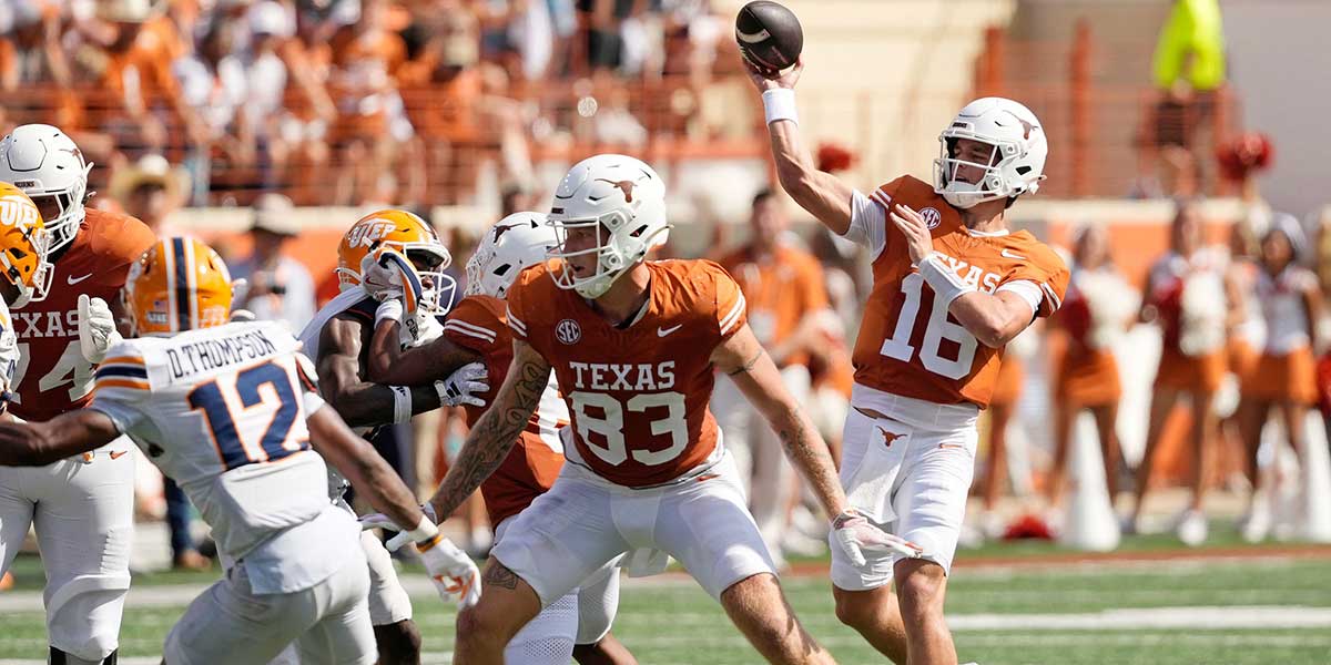 Texas Longhorns quarterback Arch Manning (16) passes the ball during the first half against the Texas El Paso Miners at Darrell K Royal-Texas Memorial Stadium.