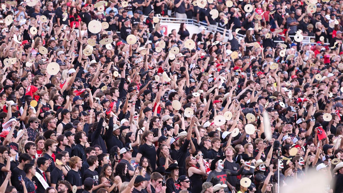 Texas Tech fans throw tortillas prior to a Big 12 Conference football game, Saturday, Oct. 11, 2025, at Jones AT&T Stadium in Lubbock.