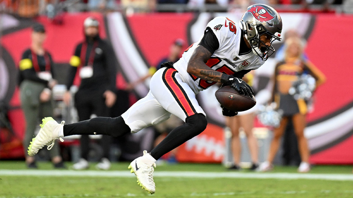 Tampa Bay Buccaneers wide receiver Tez Johnson (15) runs for a gain during the third quarter against the San Francisco 49ers at Raymond James Stadium.