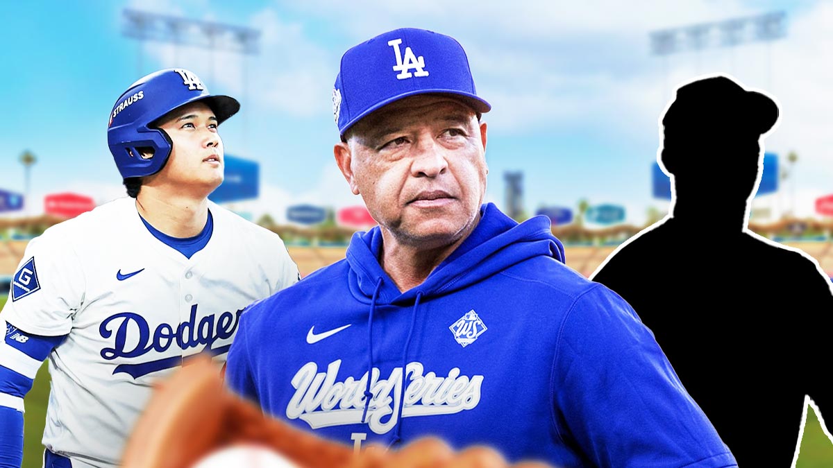 Shohei Ohtani, Dave Roberts, and the blacked-out silhouette fo Blake Snell in front of Dodger Stadium.