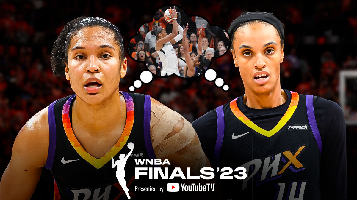Alyssa Thomas and DeWanna Bonner with a combined thought bubble of A'ja Wilson making a jumpshot. Thomas is wearing a Phoenix Mercury and looks upset. There's a background of the Mercury home crowd with the WNBA Finals logo at the bottom of the image.