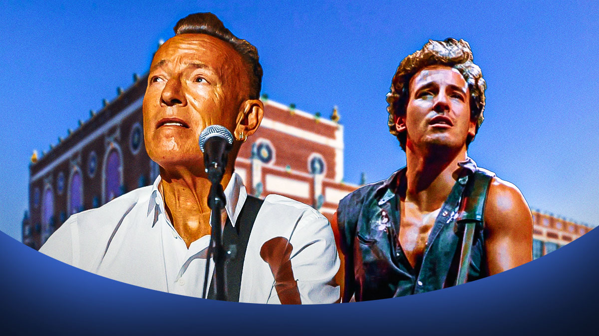 Bruce Springsteen, the subject of the biopic Deliver Me from Nowhere, with Asbury Park boardwalk background.