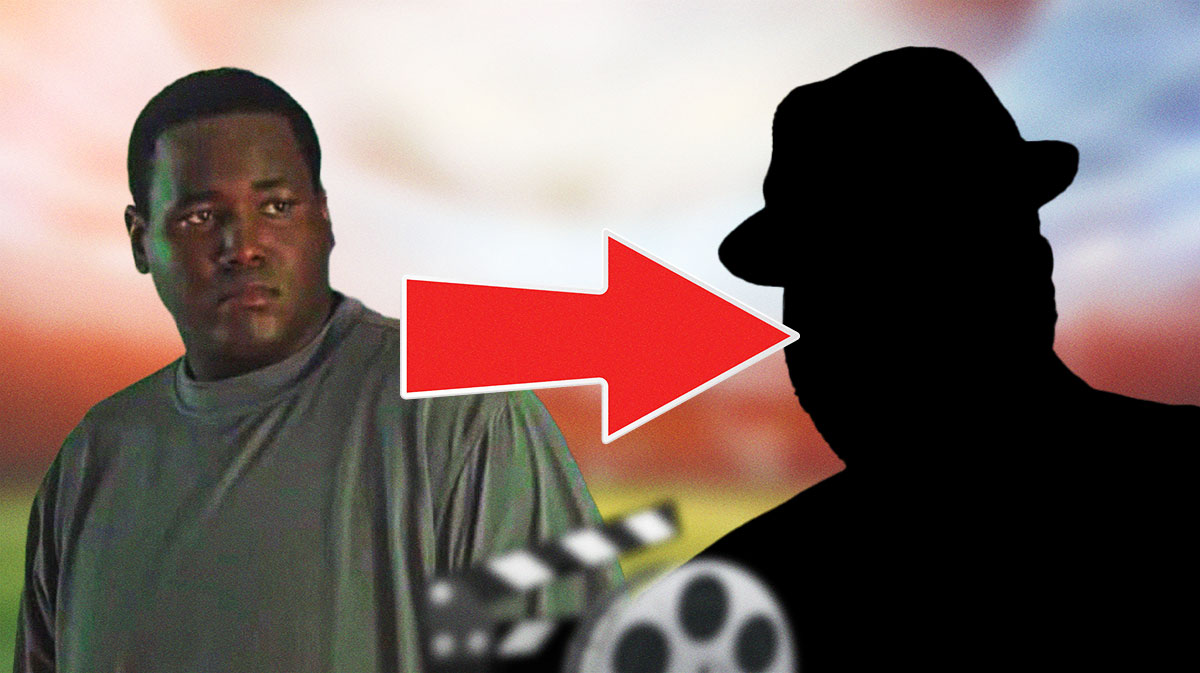 Quinton Aaron, star of The Blind Side, with a silhouette of him to represent his weight loss transformation.