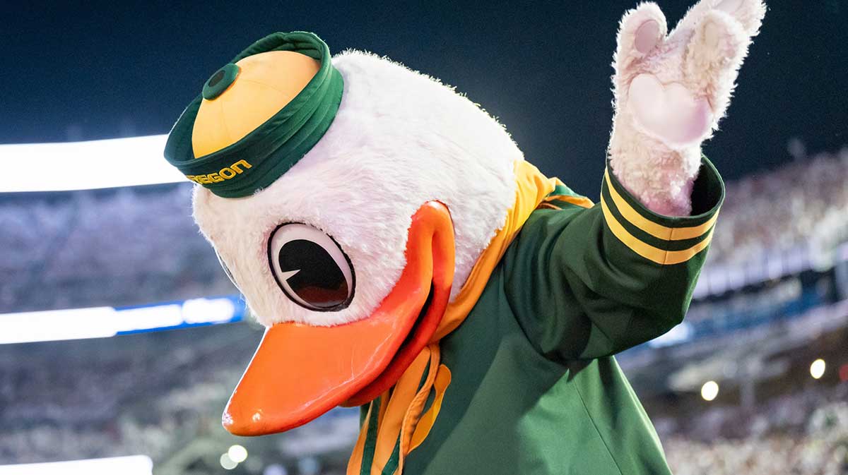 The Duck wanders the sideline as the Oregon Ducks face the Penn State Nittany Lions on Sept. 27, 2025, at Beaver Stadium in University Park, Pennsylvania.